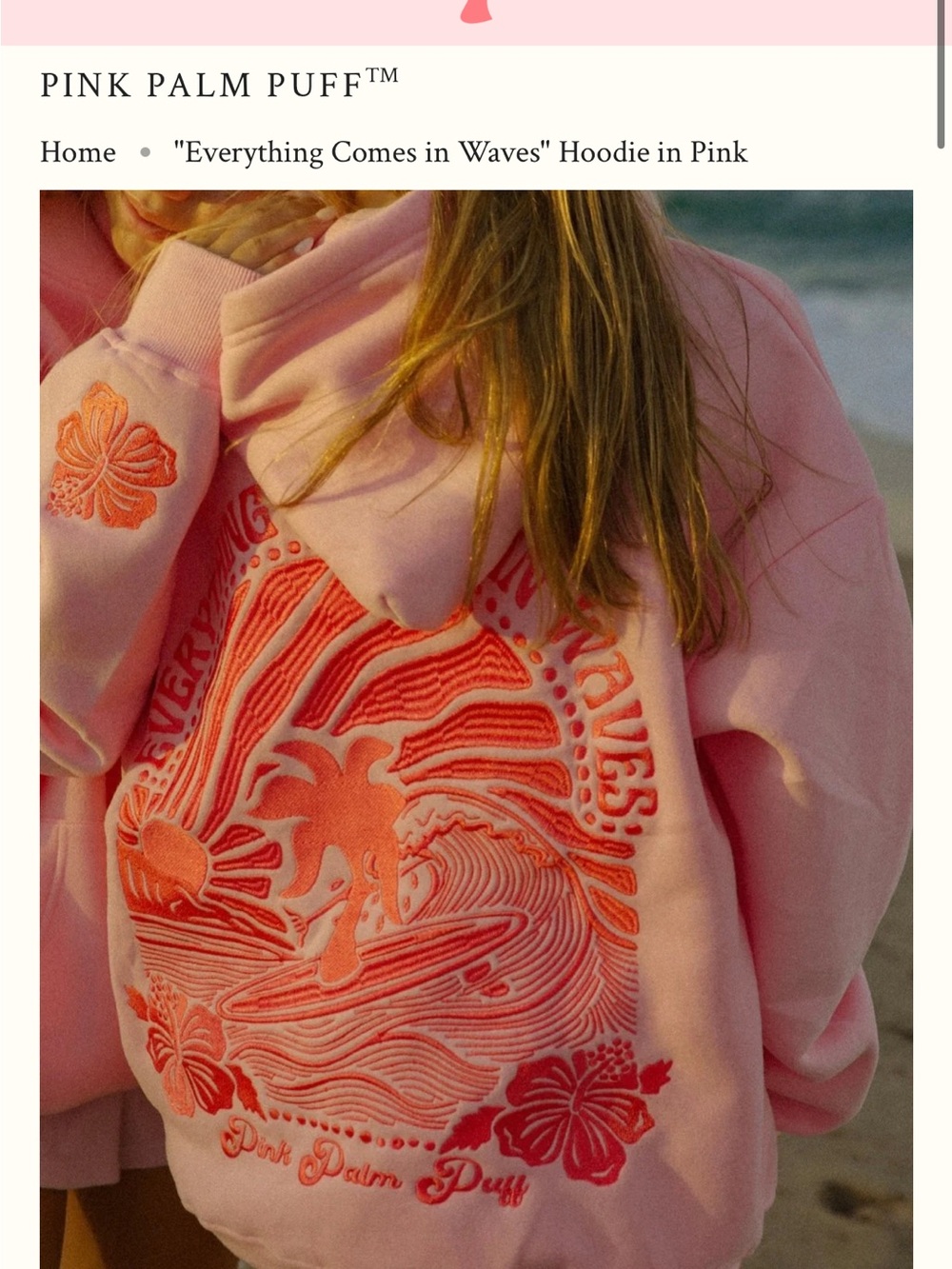 Pink Palm Puff “Everything Comes in Waves” Hoodie - Picture 4 of 4